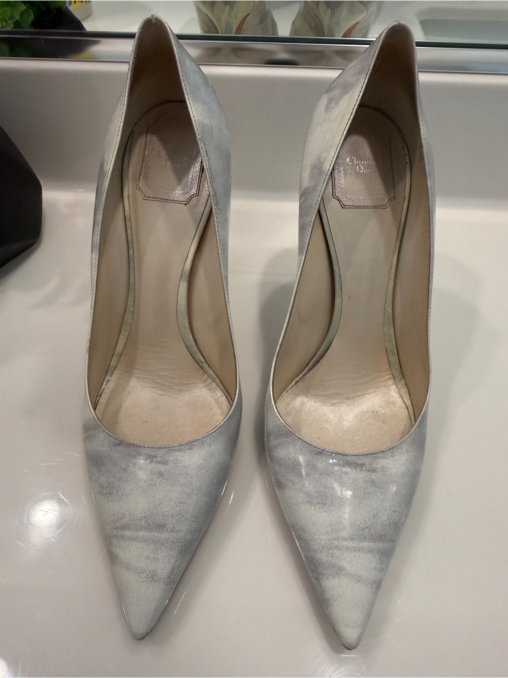 Dior Marble-Effect Silver Pointed-Toe Pumps
